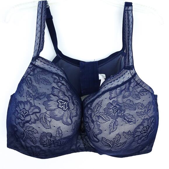 Cacique Modern Lace Covered Lightly Lines Balconette 46DDD Bra Navy Blue White - Picture 1 of 4